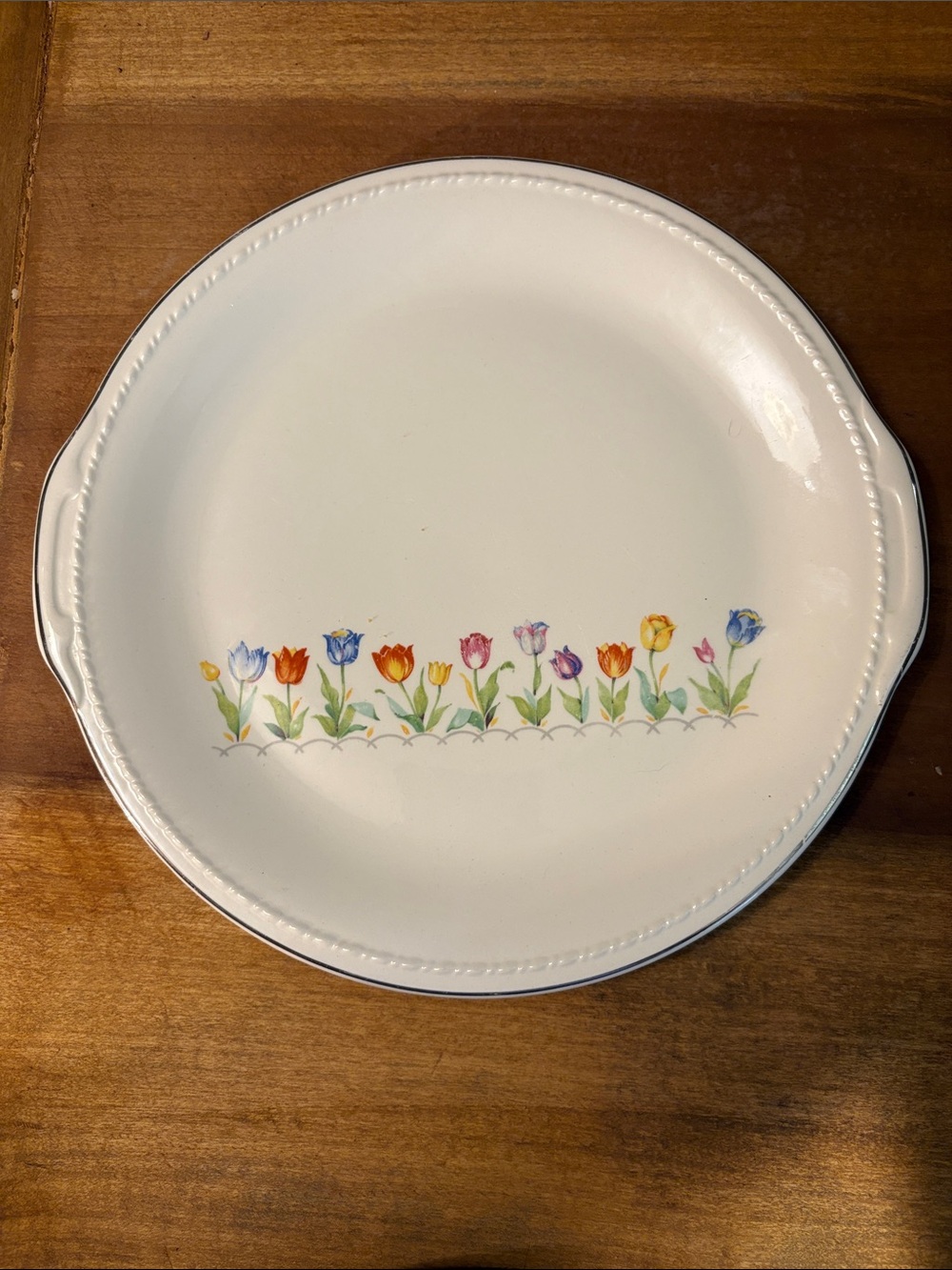 Taylor Smith Taylor White Round Serving Platter with Multicolor Tulip Border